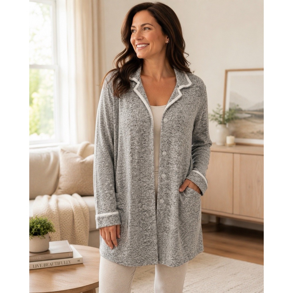 La Cera Women M Gray Long Lounge Cardigan Soft Knit Button Front White Trim